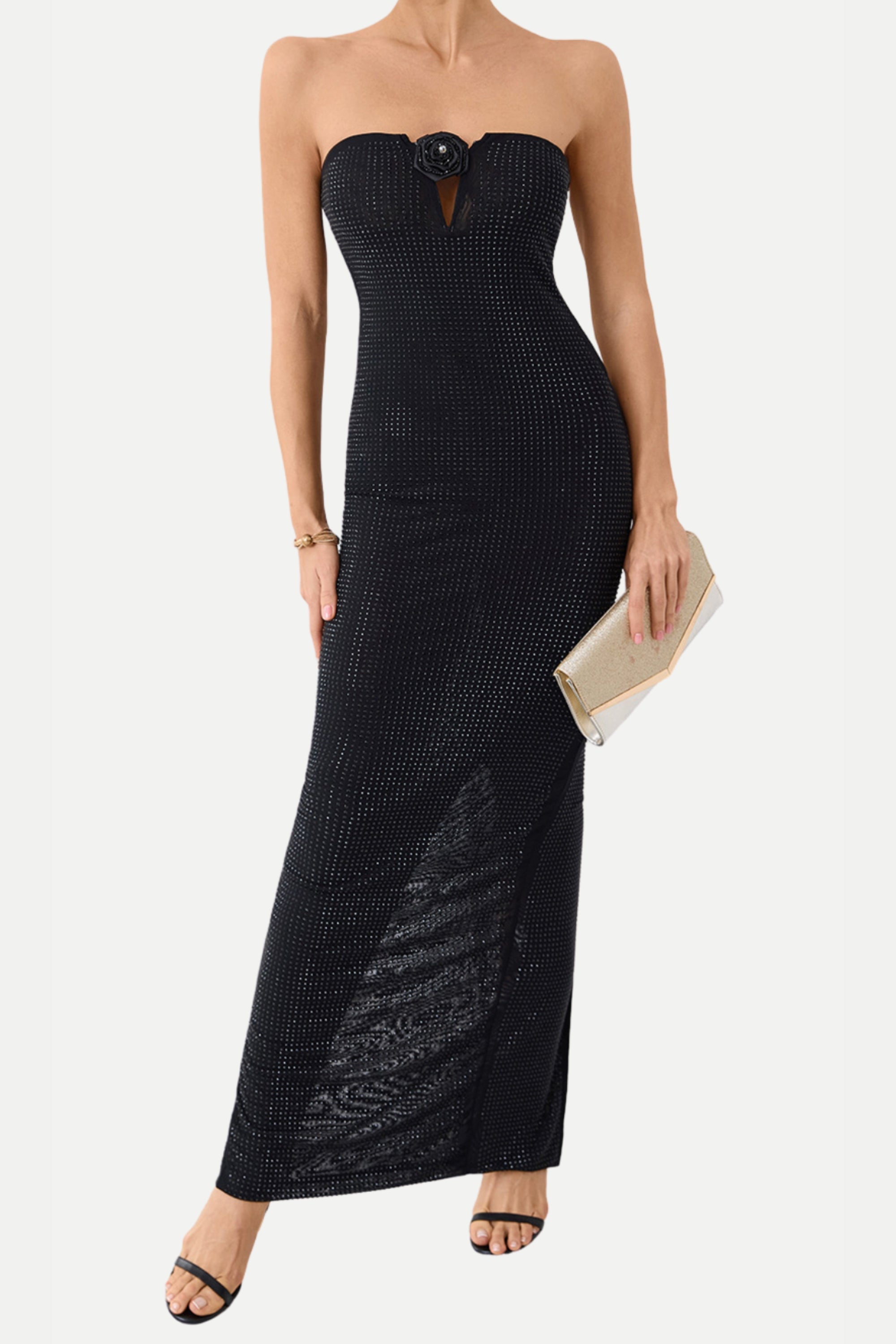 Strapless Rhinestone Rose Maxi Dress In Black
