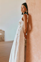 Flowering Girl Women Lace Trim Embroidery Hollow Midi Dress In White