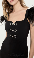 Flowering Girl Women CARI BLACK BOW FEATHER BANDAGE MIDI DRESS