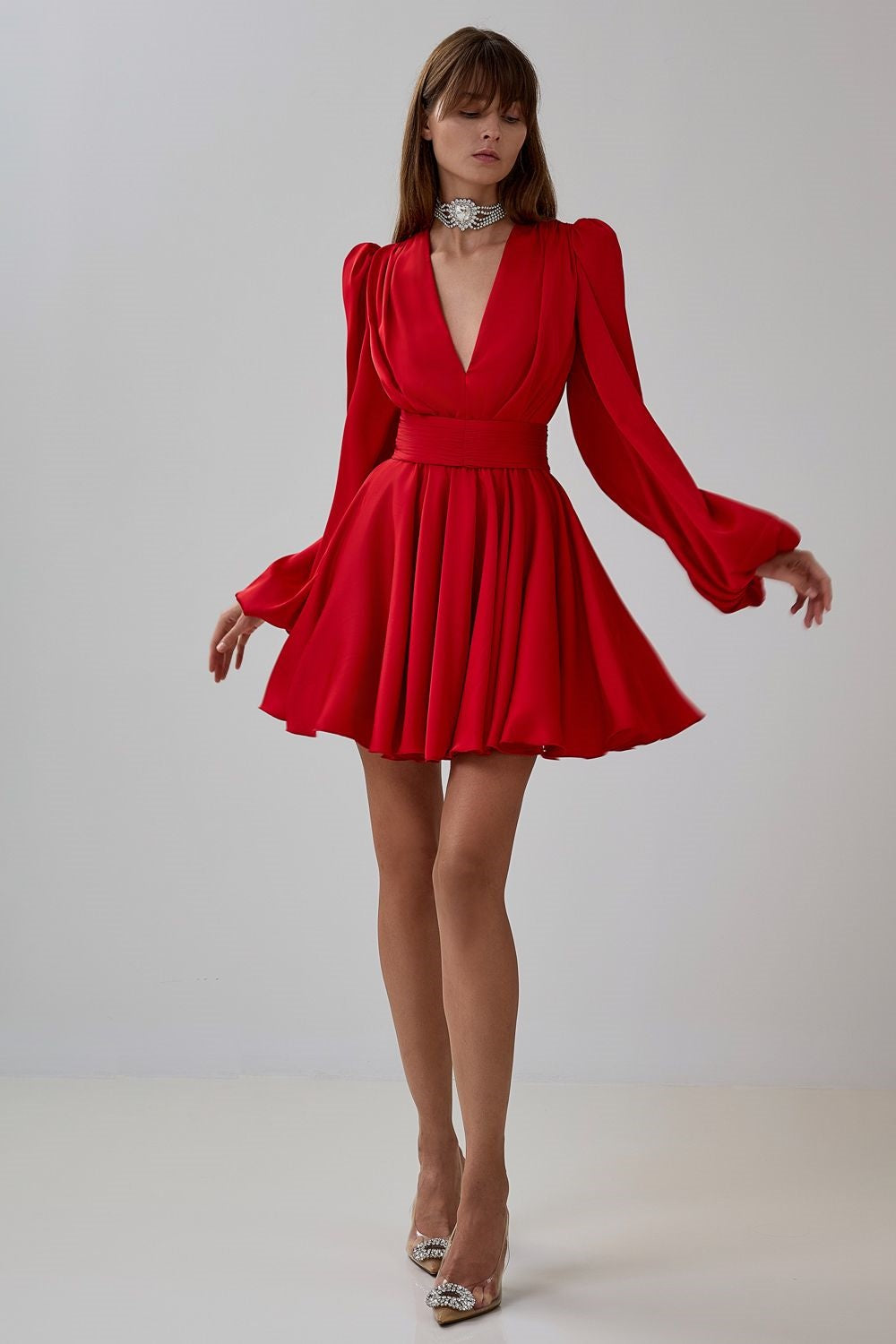 Flowering Girl Women Janice V-Neck Puff Sleeve Mini Dress