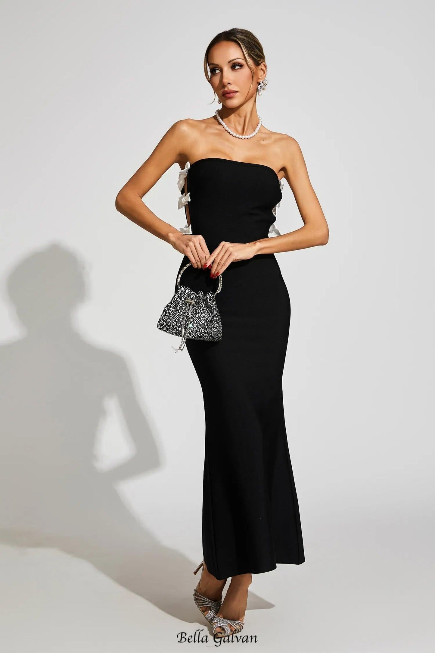 jocelyn Bowknot-Side Bandage Strapless maxi Dress in black