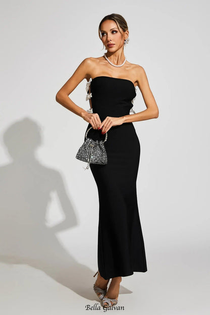 jocelyn Bowknot-Side Bandage Strapless maxi Dress in black