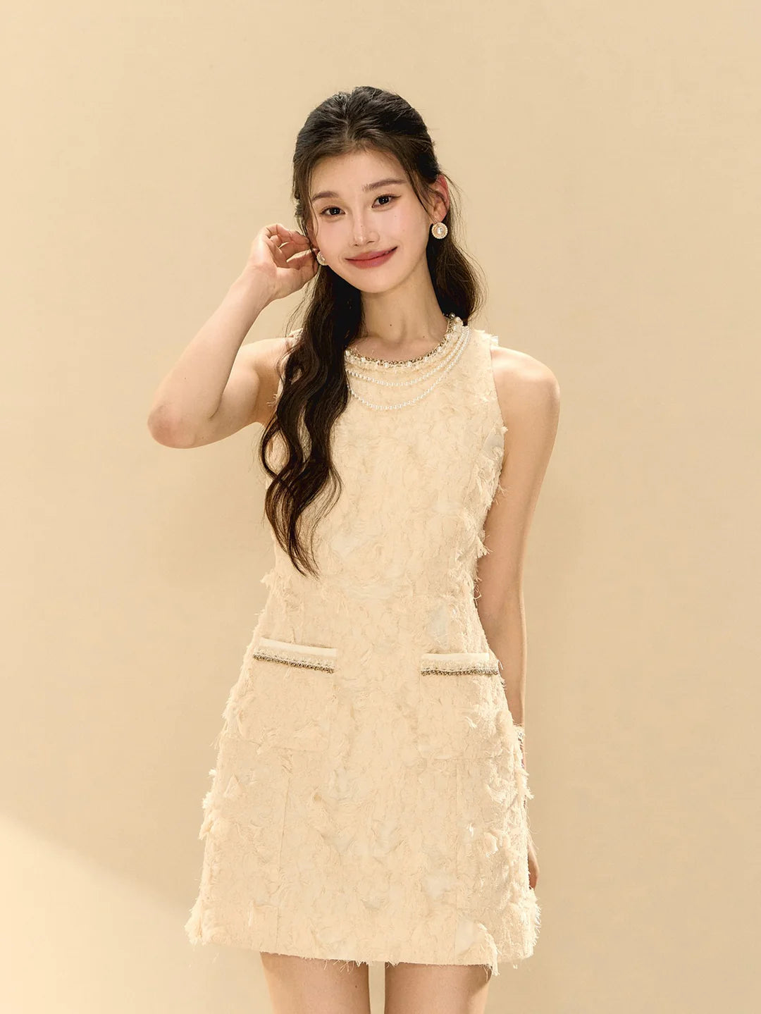 Pandora Feathery Sleeveless A-Line Mini Dress In Beige