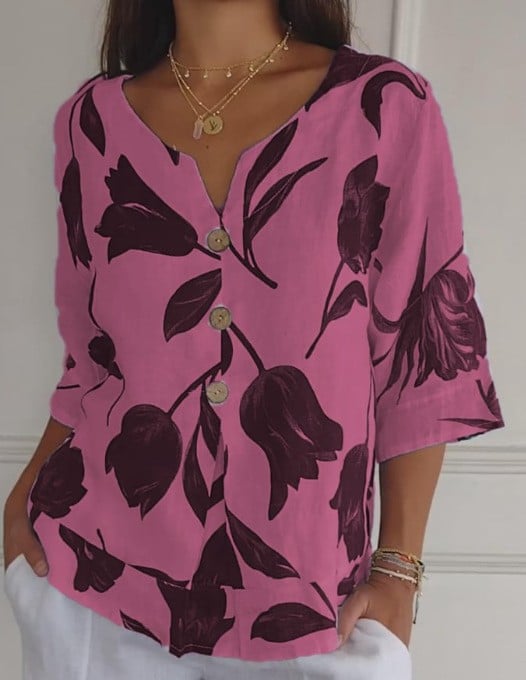 Flowering Girl Women Printed Linen-Cotton V-Neck Pullover Shirt