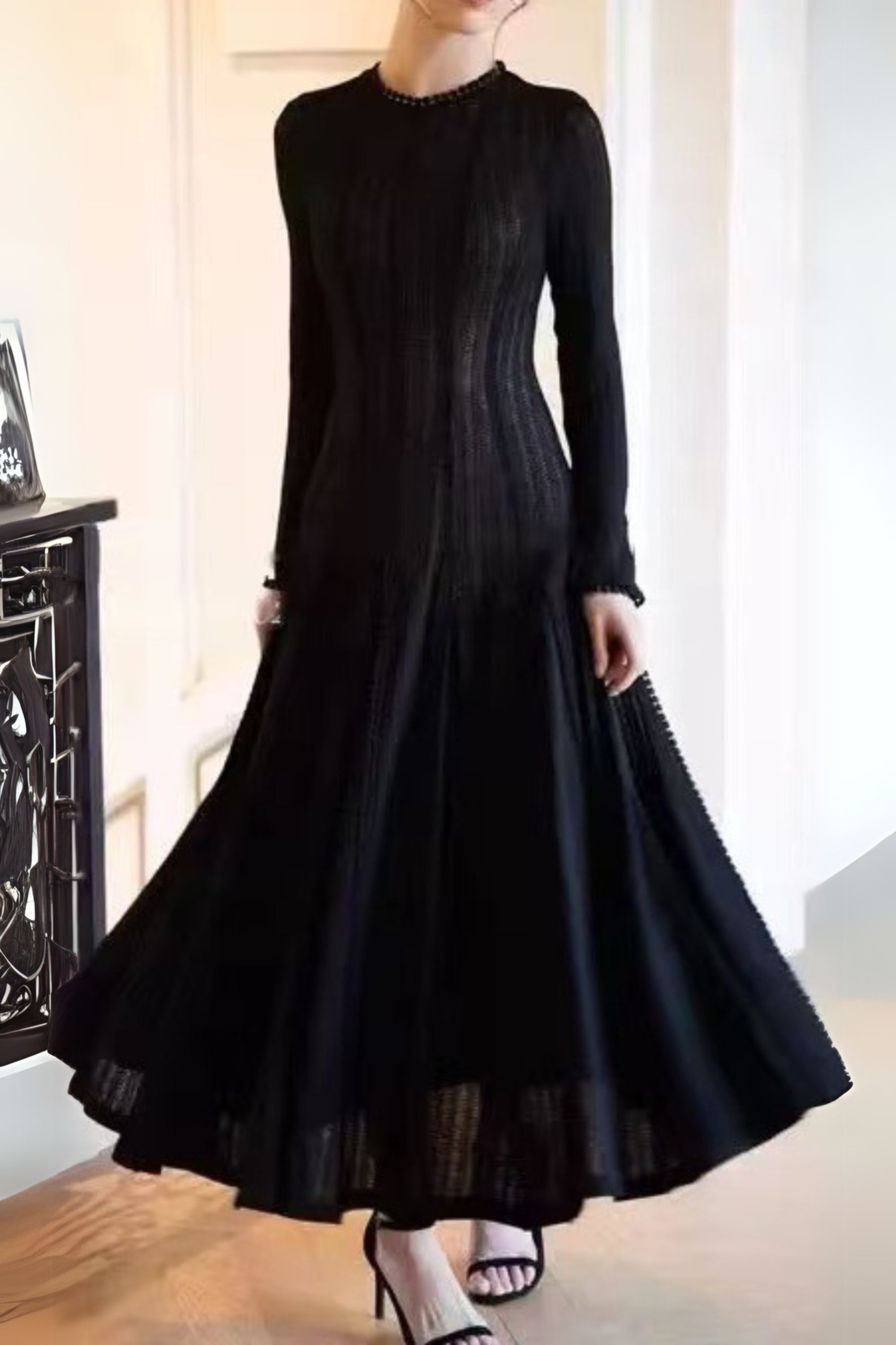 Flowering Girl Women Black Crochet Lace Maxi Dress With Sleeves