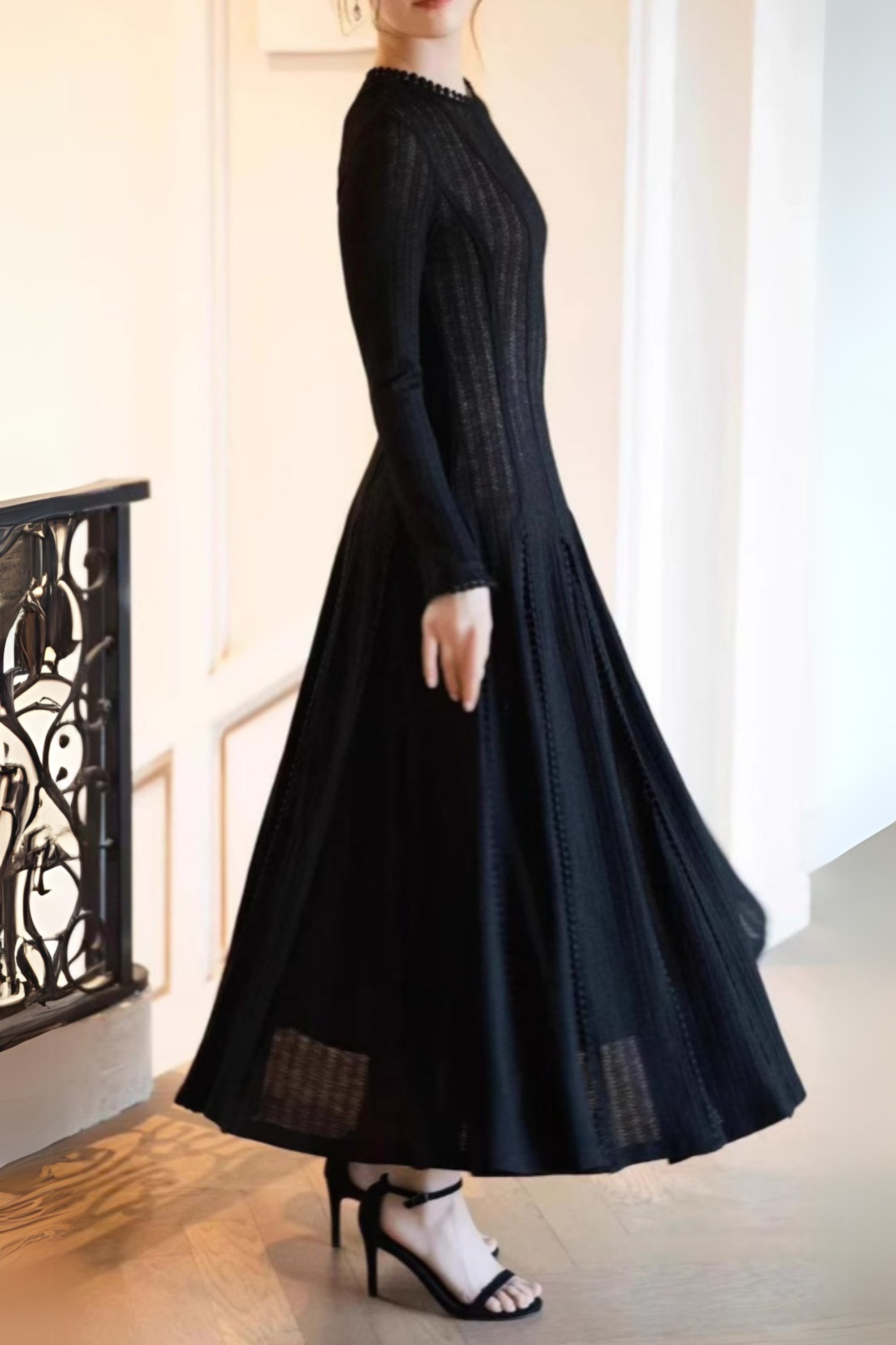 Flowering Girl Women Black Crochet Lace Maxi Dress With Sleeves