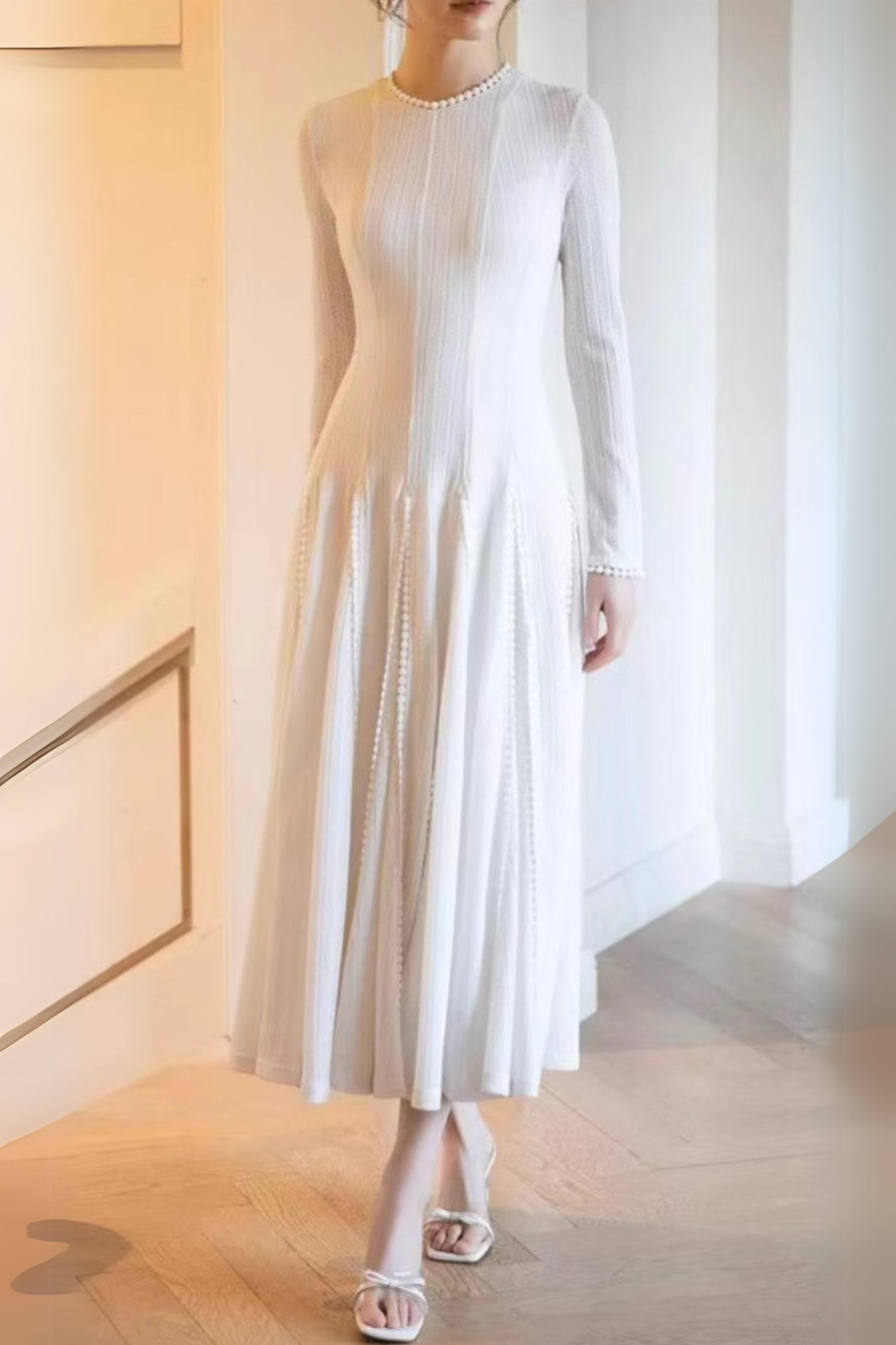 Flowering Girl Women White Crochet Lace Maxi Dress With Sleeves
