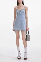 Flowering Girl Women Light Blue Denim Pearl Mini Dress