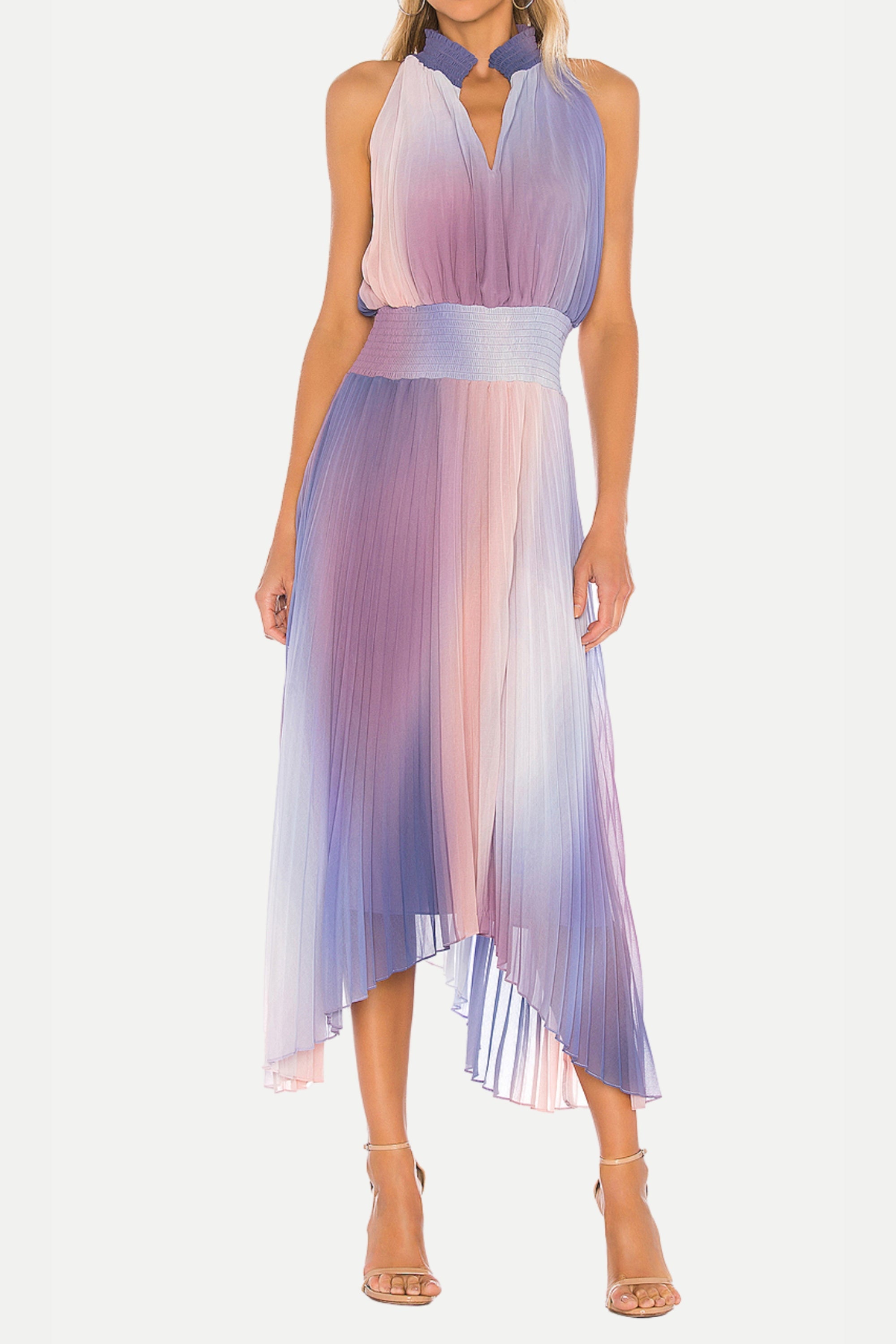 Halter Neck Pleated Midi Dress In Lavender Tie Dye