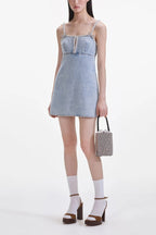 Flowering Girl Women Light Blue Denim Pearl Mini Dress
