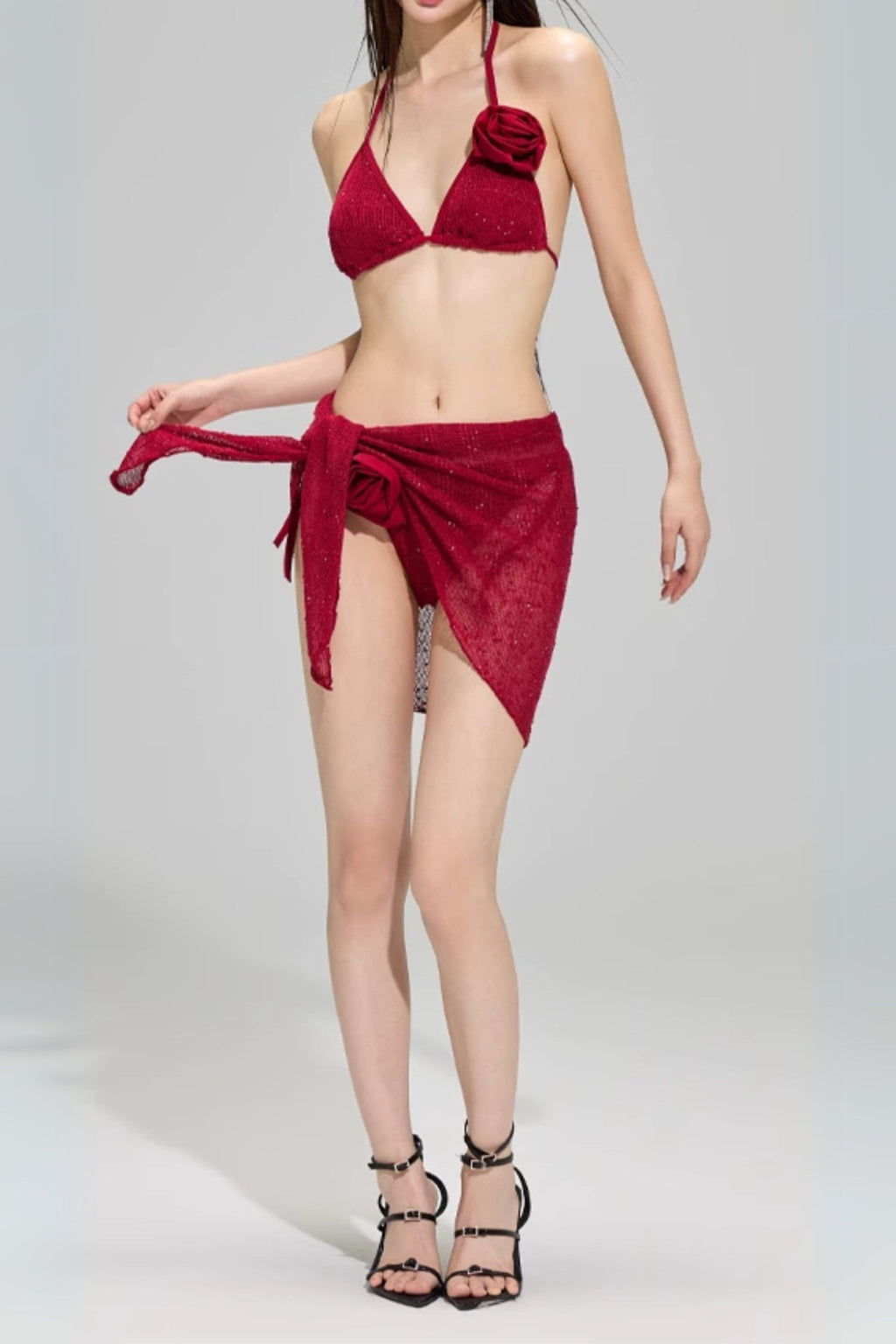 Flowering Girl Women Darina Red Flower Sequin Three-Piece Swimsuit
