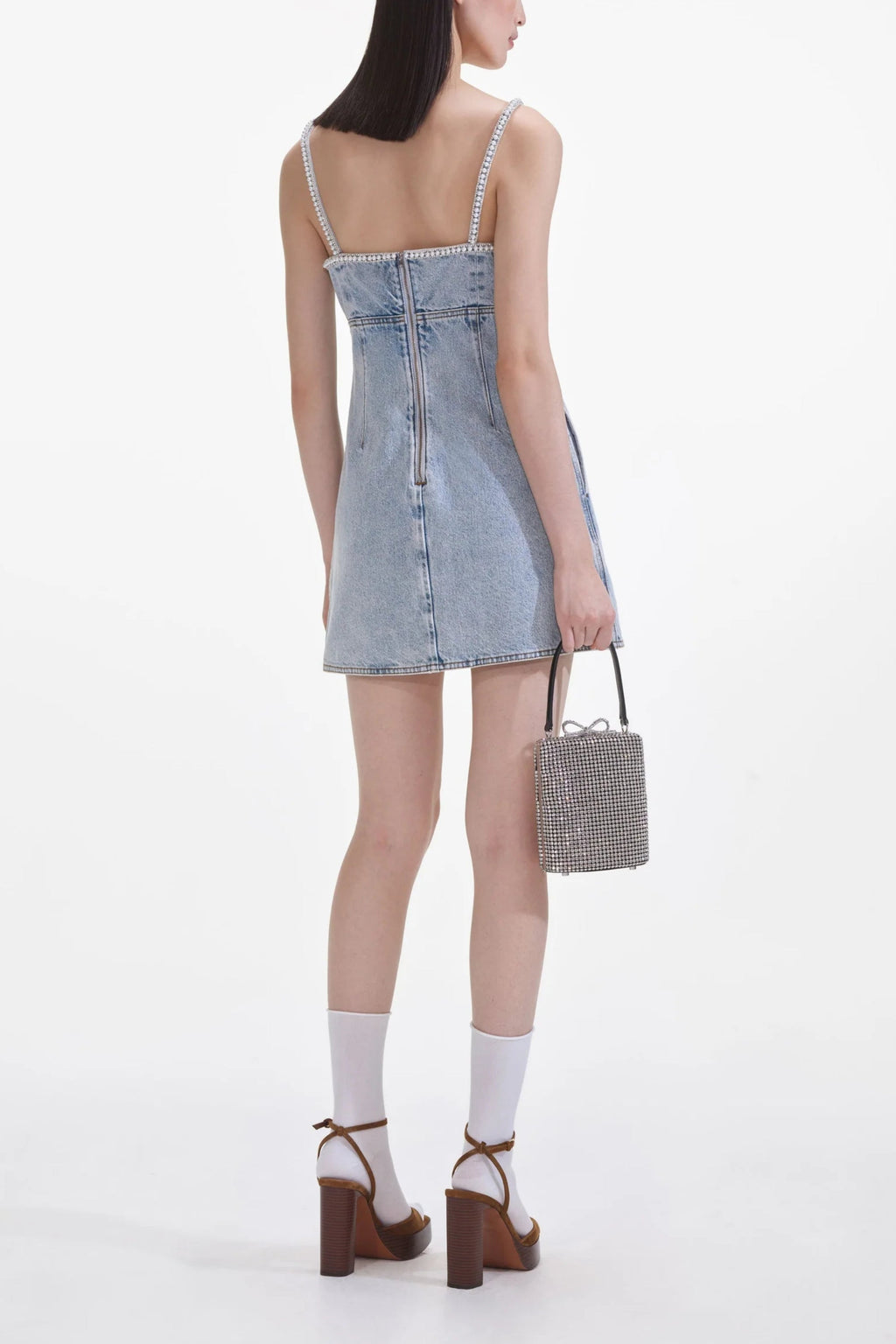 Flowering Girl Women Light Blue Denim Pearl Mini Dress