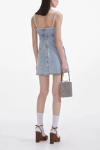 Flowering Girl Women Light Blue Denim Pearl Mini Dress