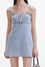 Flowering Girl Women Light Blue Denim Pearl Mini Dress