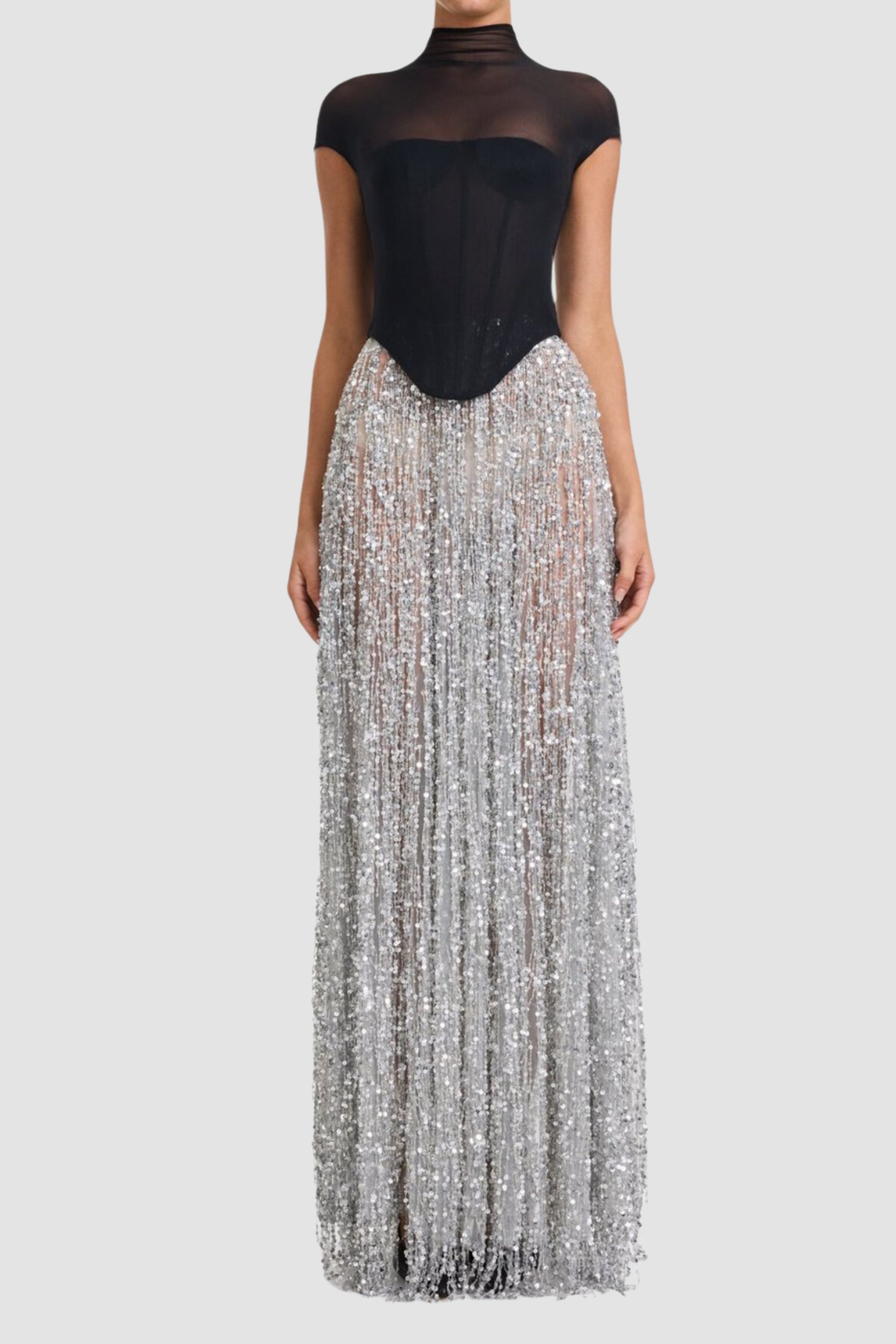 Flowering Girl Women Tassel Sequin Black Corset Maxi Dress