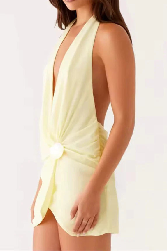 Flowering Girl Women Pale Yellow Beach Halter Neck Mini Dress