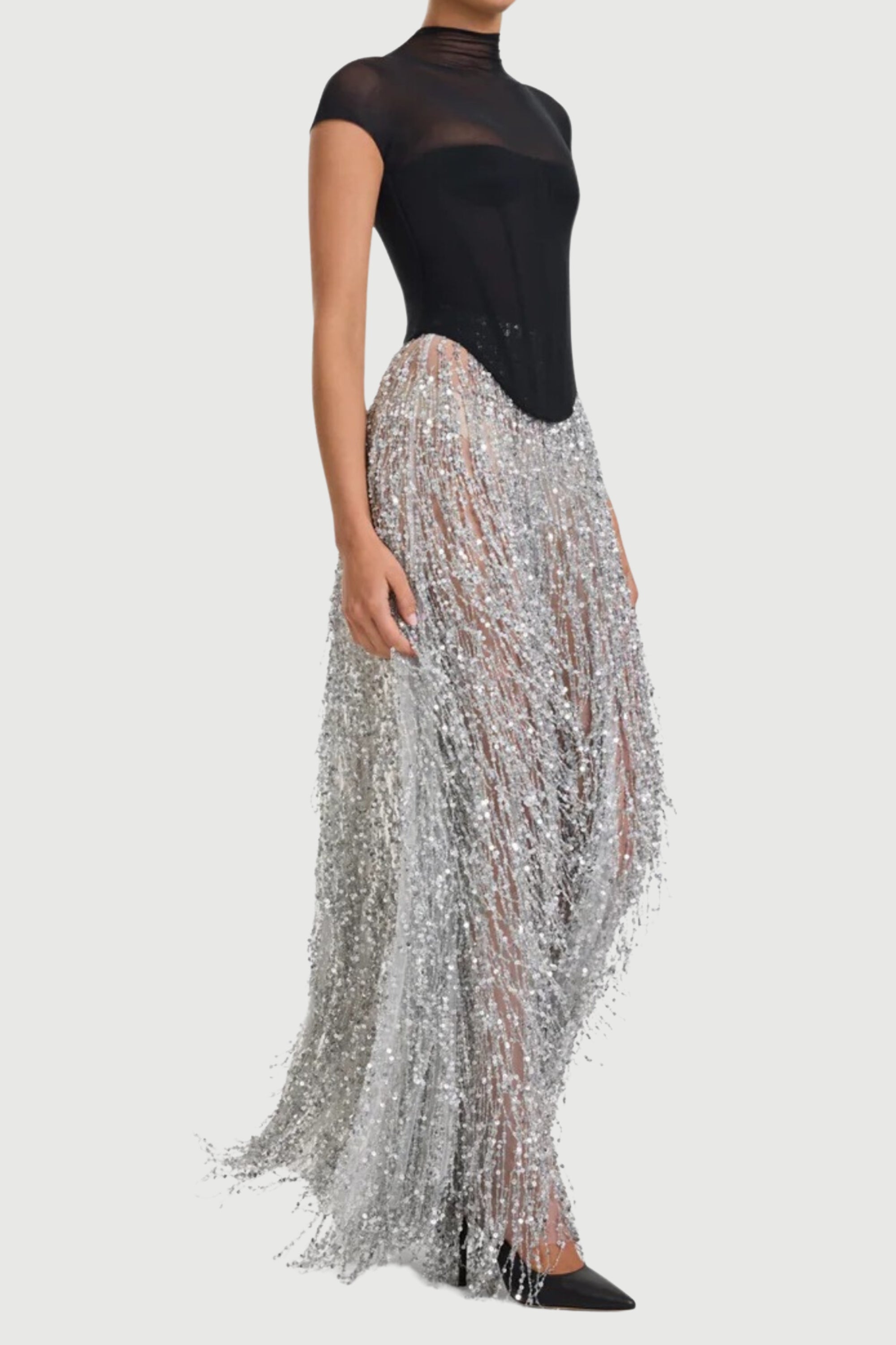 Flowering Girl Women Tassel Sequin Black Corset Maxi Dress