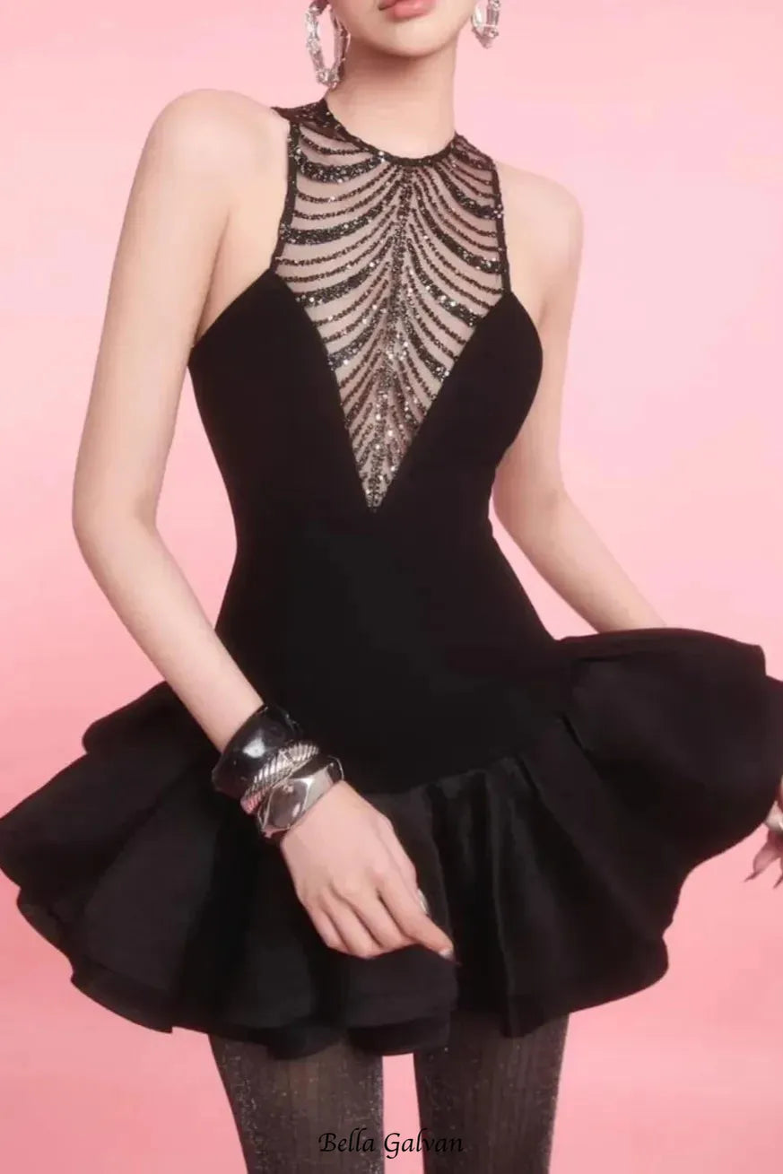 Flowering Girl Women jessica sequin tulle ruched hem mini dress in black