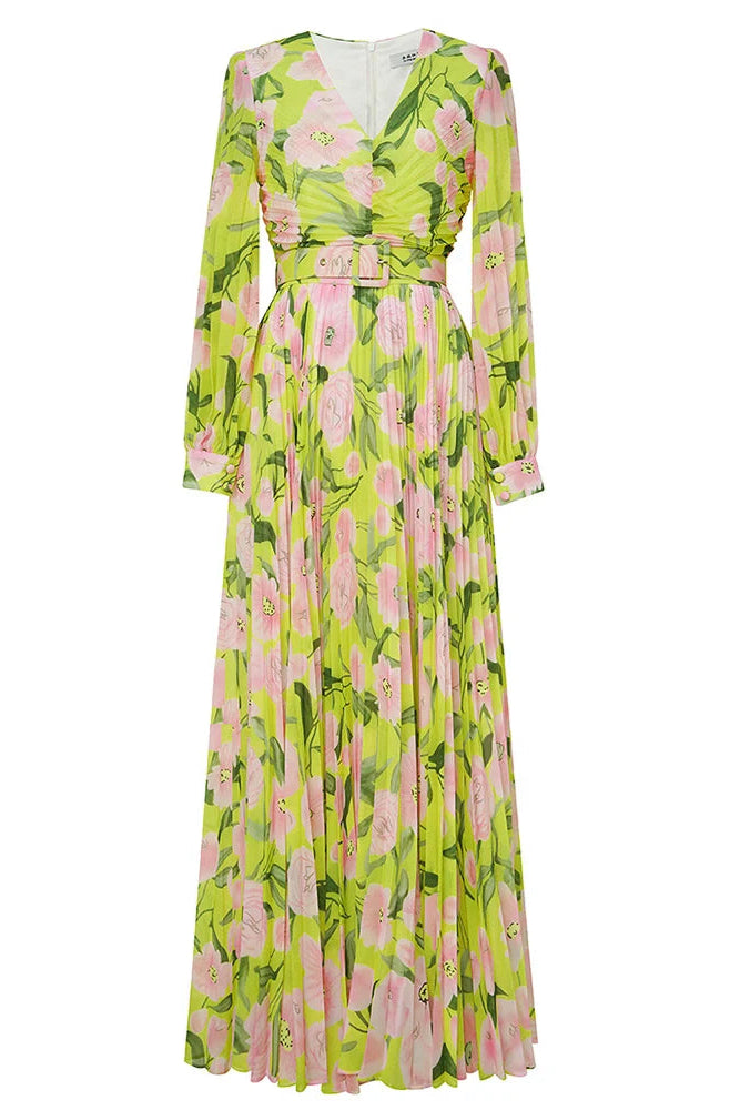 Flowering Girl Women V-Neck Silk Printed Pleated Maxi Dress In Yellow