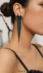 Flowering Girl Women Dahlia Green Rhinestone Heart Tassel Earrings