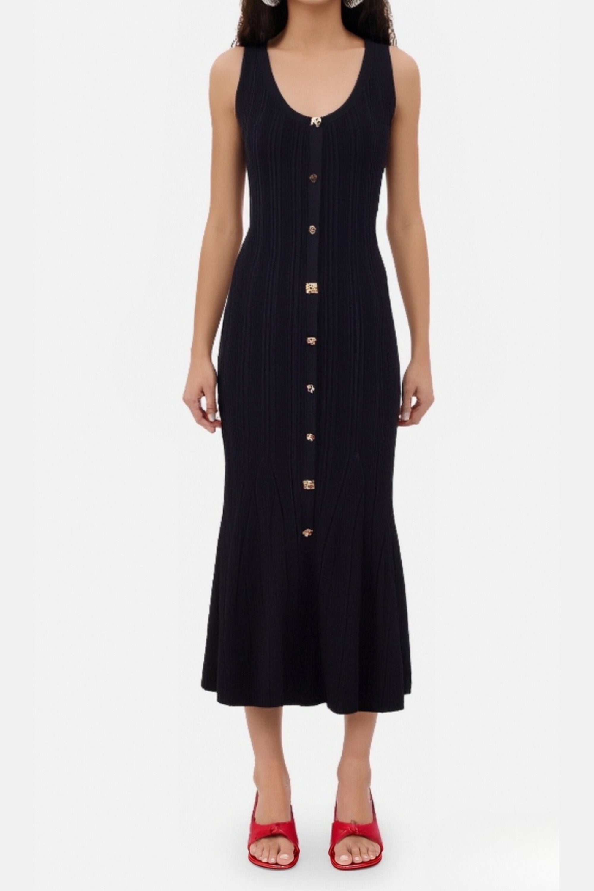 Flowering Girl Women Button-Embellished Ribbed-Knit Midi Dress In Black