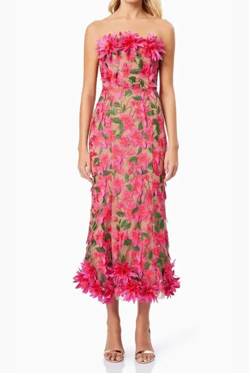 Flowering Girl Women 3D Flower Embroidery Strapless Midi Dress In Rose Red