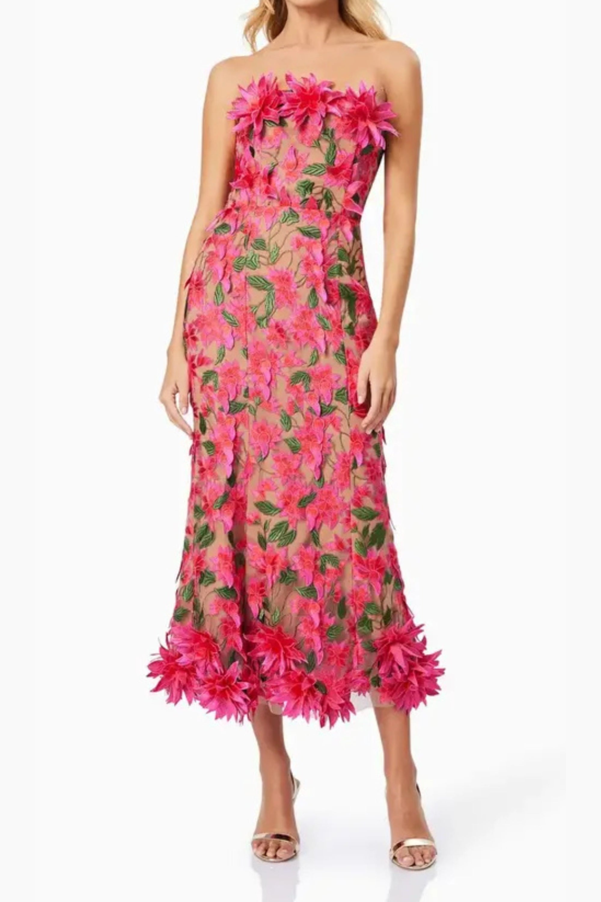 Flowering Girl Women 3D Flower Embroidery Strapless Midi Dress In Rose Red