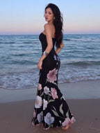 Black Floral Print Strapless Mermaid Maxi Dress
