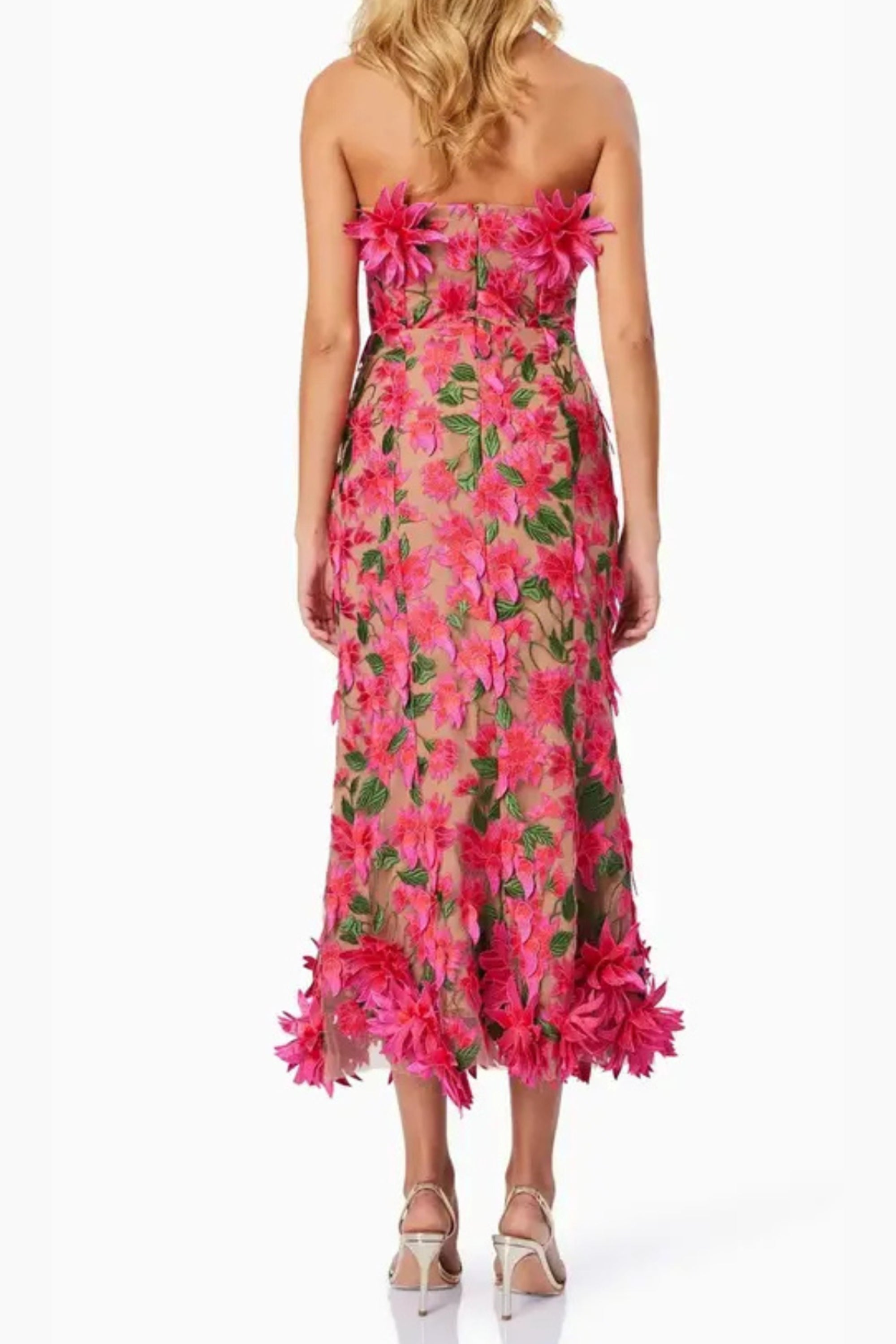 Flowering Girl Women 3D Flower Embroidery Strapless Midi Dress In Rose Red