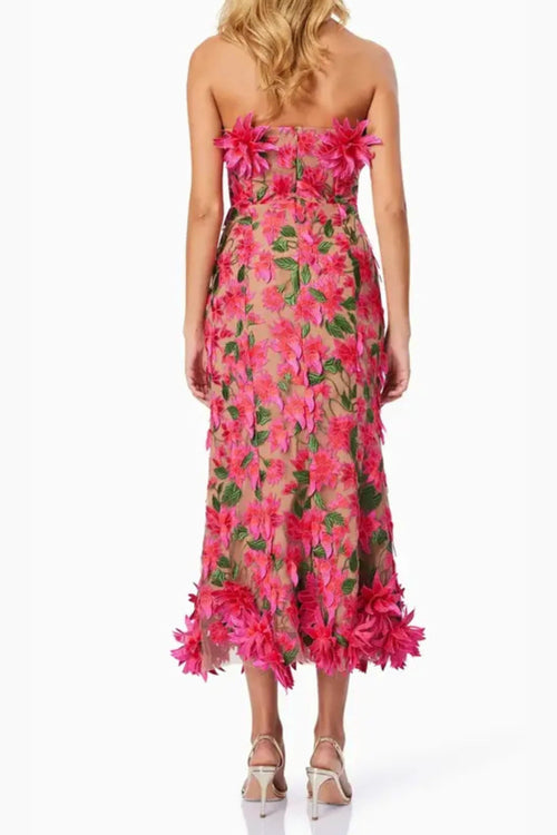 Flowering Girl Women 3D Flower Embroidery Strapless Midi Dress In Rose Red