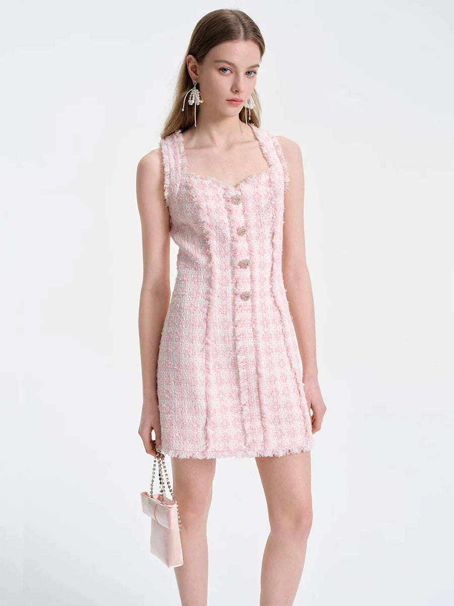 Ophelia Pink Square Neck Tweed Trim Mini Dress
