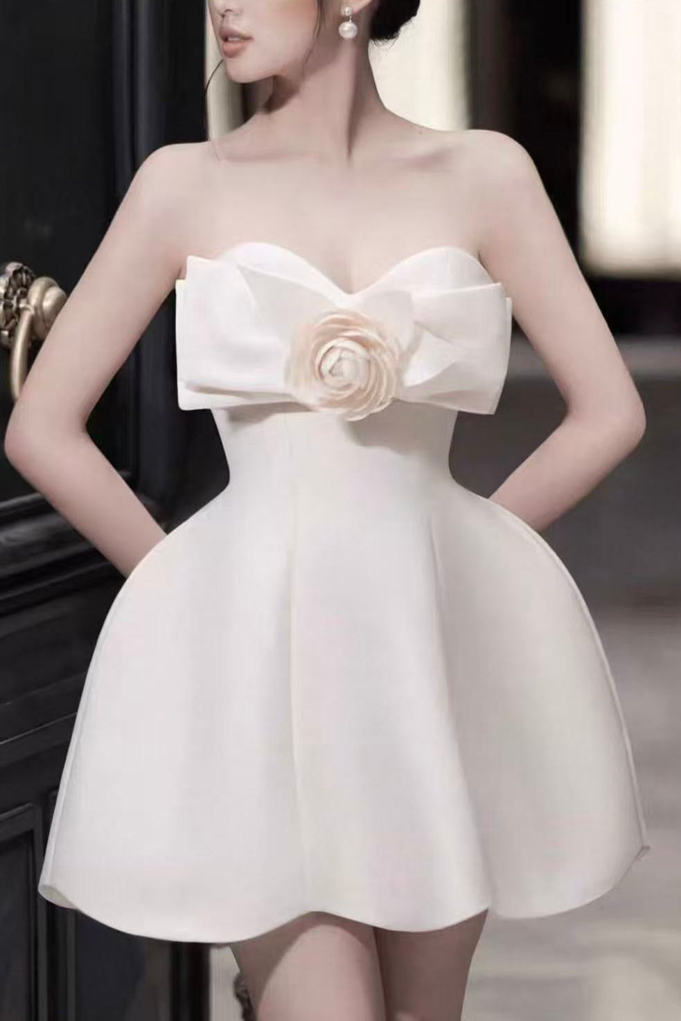 Cream Strapless Mini Dress with 3D Floral Bow & Scalloped Hem