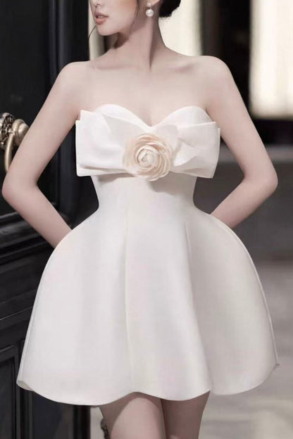 Cream Strapless Mini Dress with 3D Floral Bow & Scalloped Hem