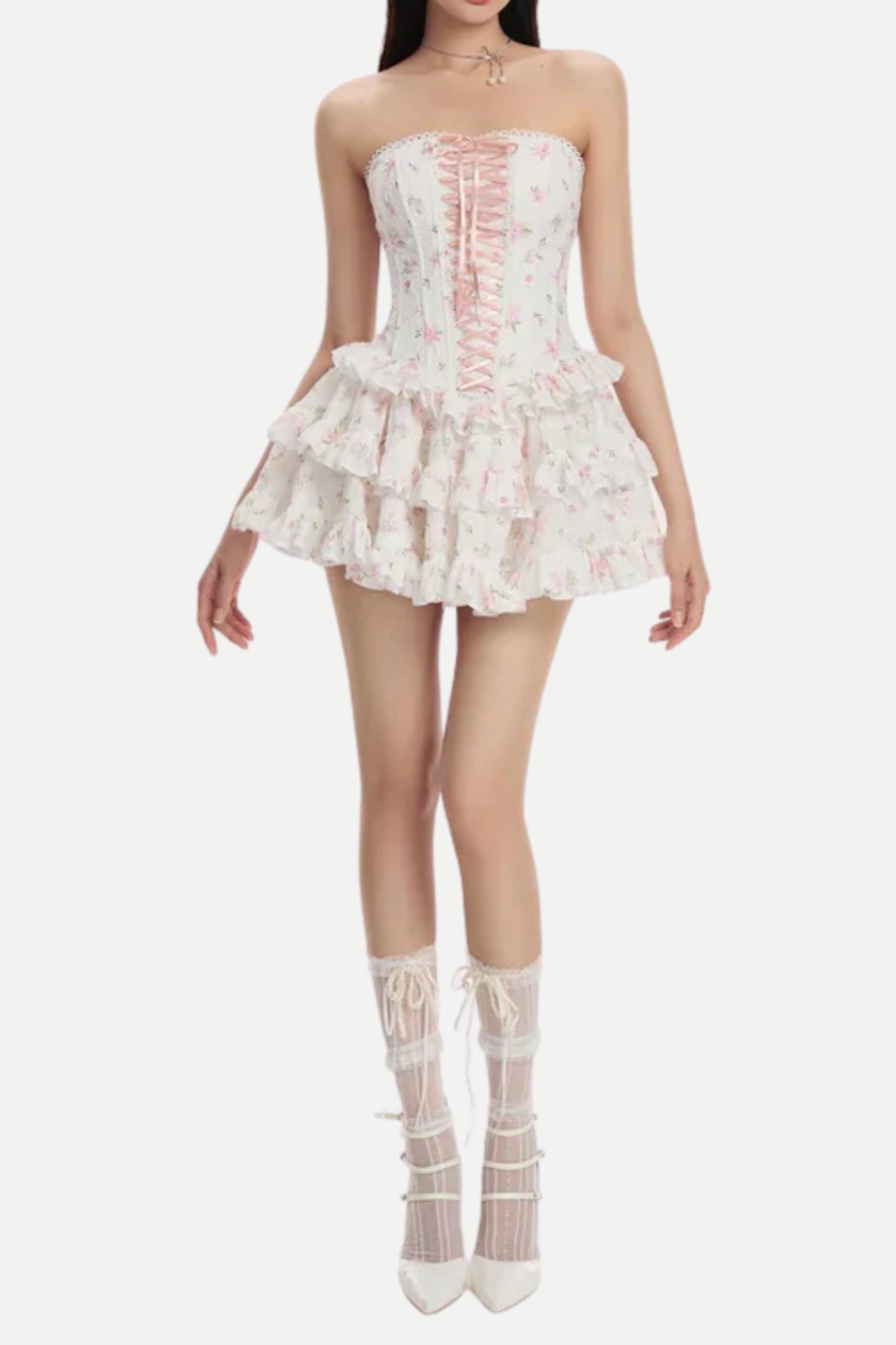 Flowering Girl Women Floral Print Chest-Wrapped Mini Dress In White