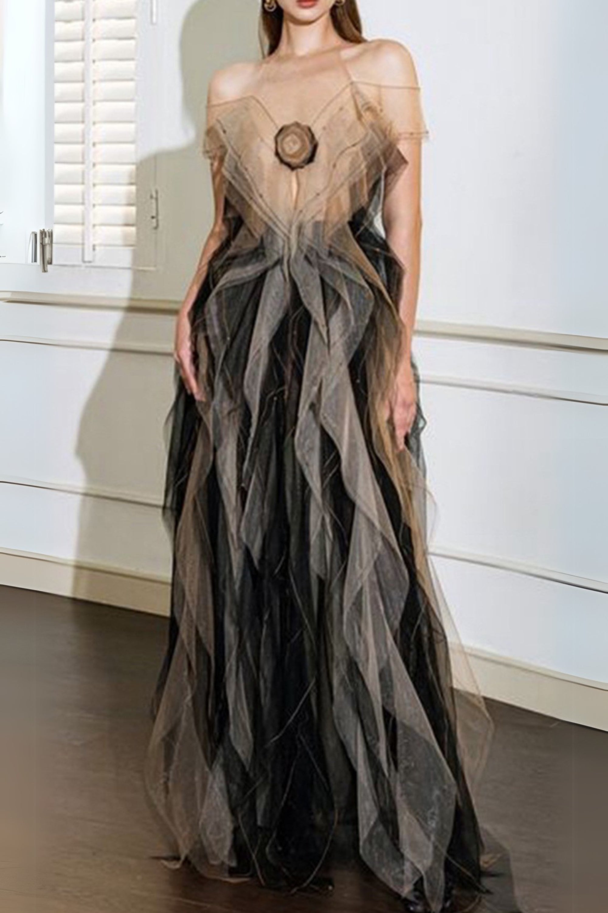 Flowering Girl Women Valerie Floral Ruffled Tulle Maxi Dress In Black