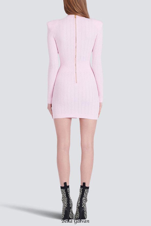 vicky v-neck button-detail ribbed mini dress in pink