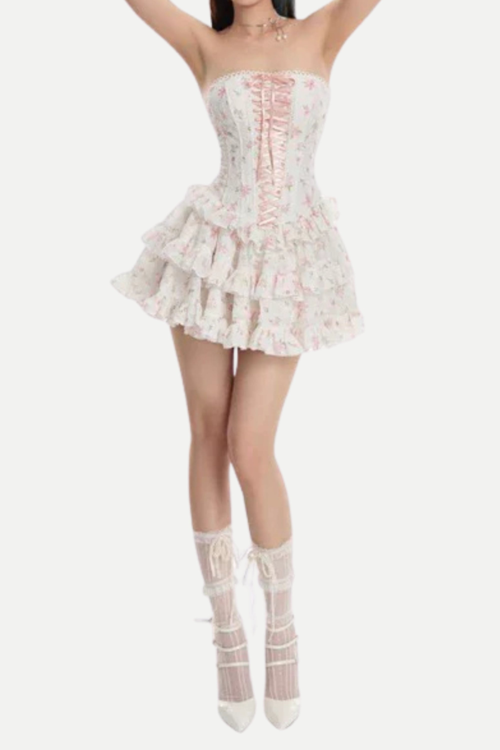 Flowering Girl Women Floral Print Chest-Wrapped Mini Dress In White