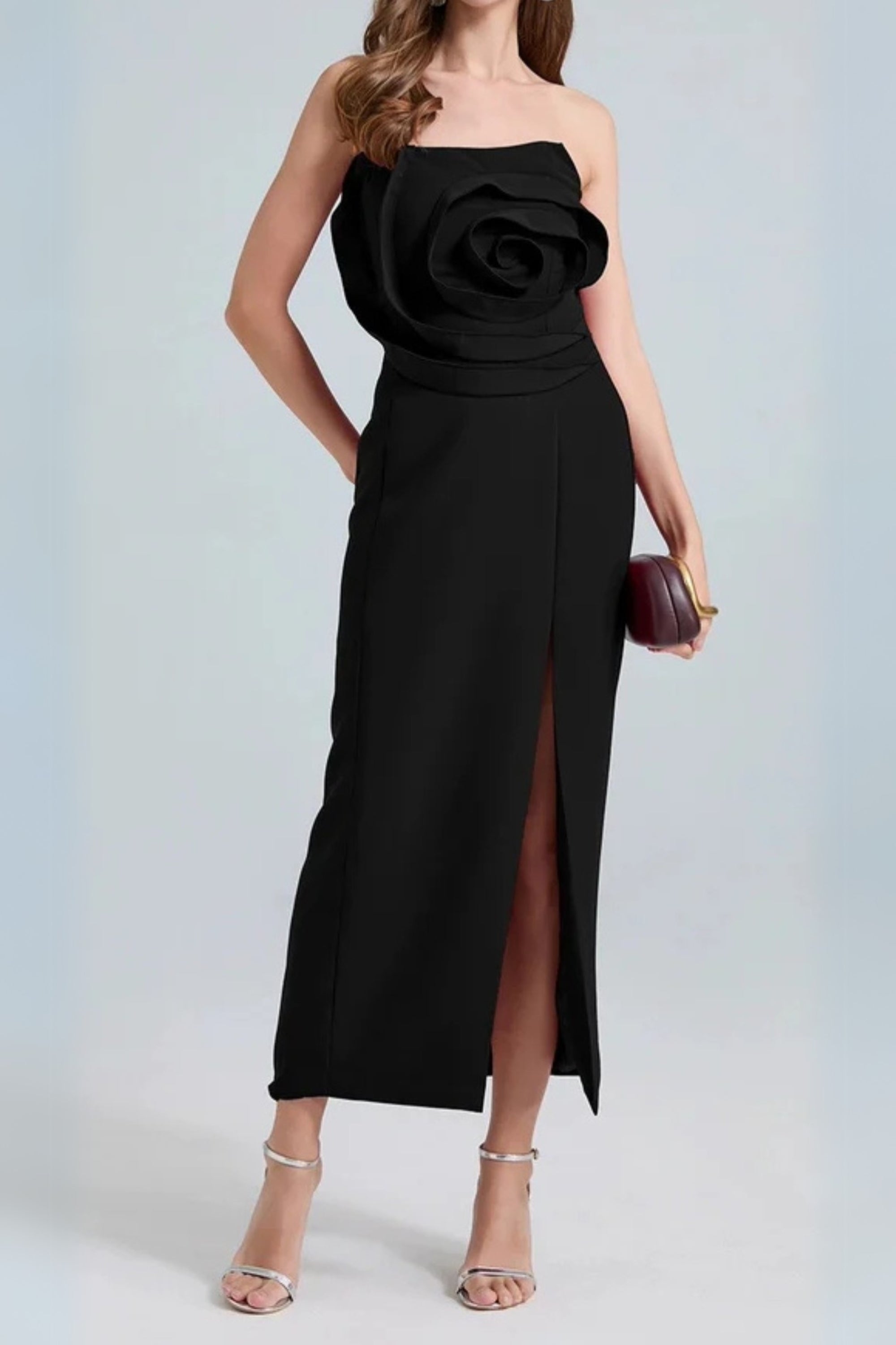 Flowering Girl Women Michelle 3d Flower Strapless Midi Dress In Black