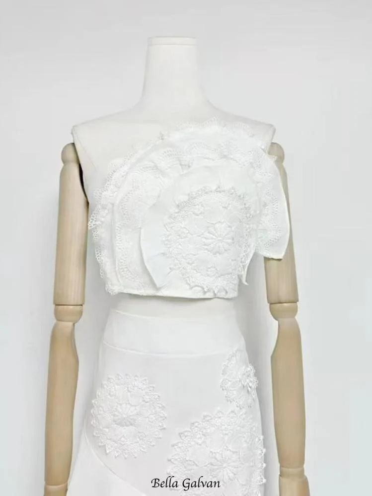 nina Ruffled strapless top floral embroidered mermaid skirt set - white