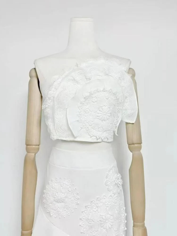 Flowering Girl Women Nina Ruffled Strapless Top Floral Embroidered Mermaid Skirt Set - White