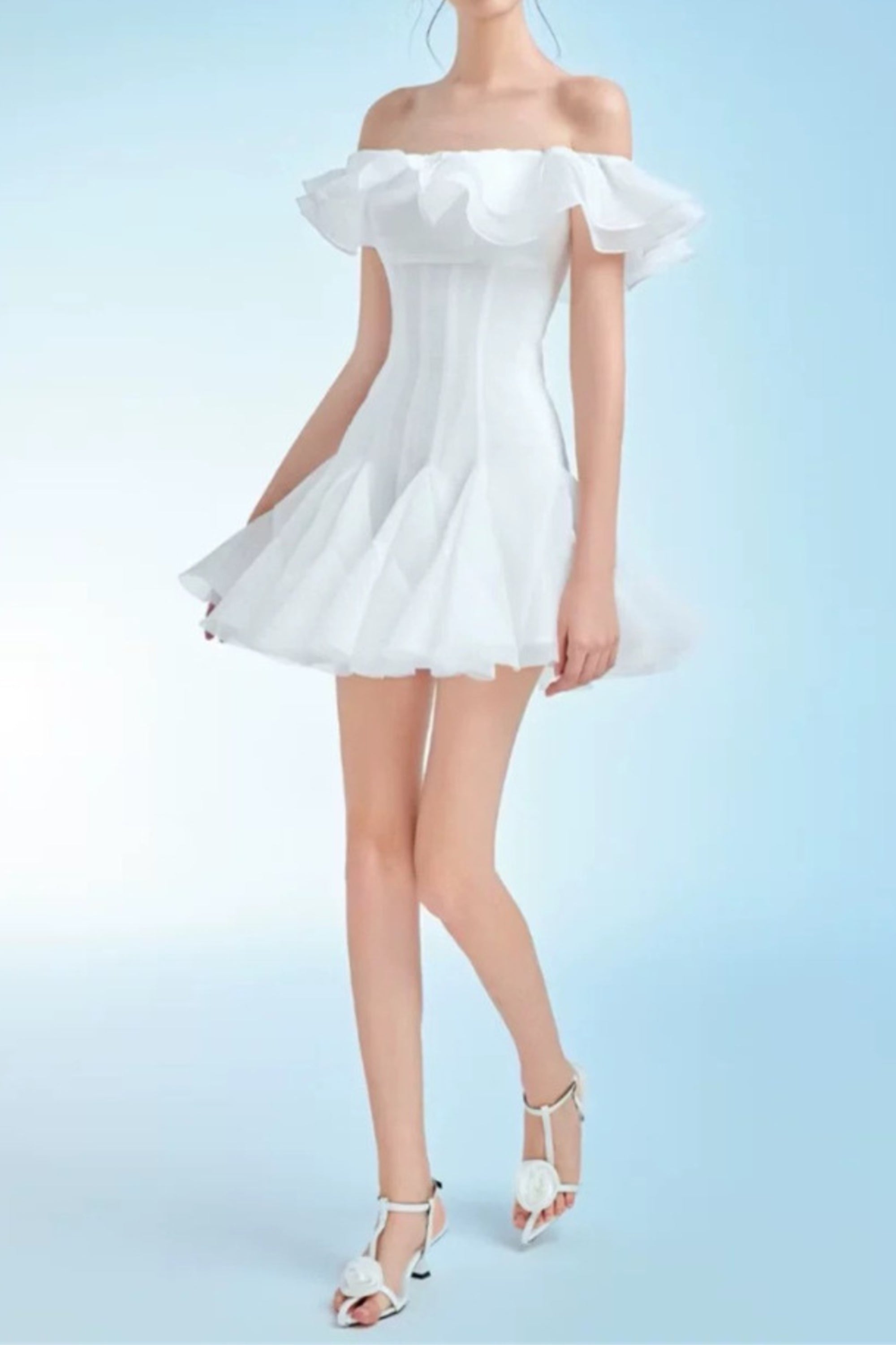 Stephanie Off-Shoulder Ruffle Trim Mini Dress In White