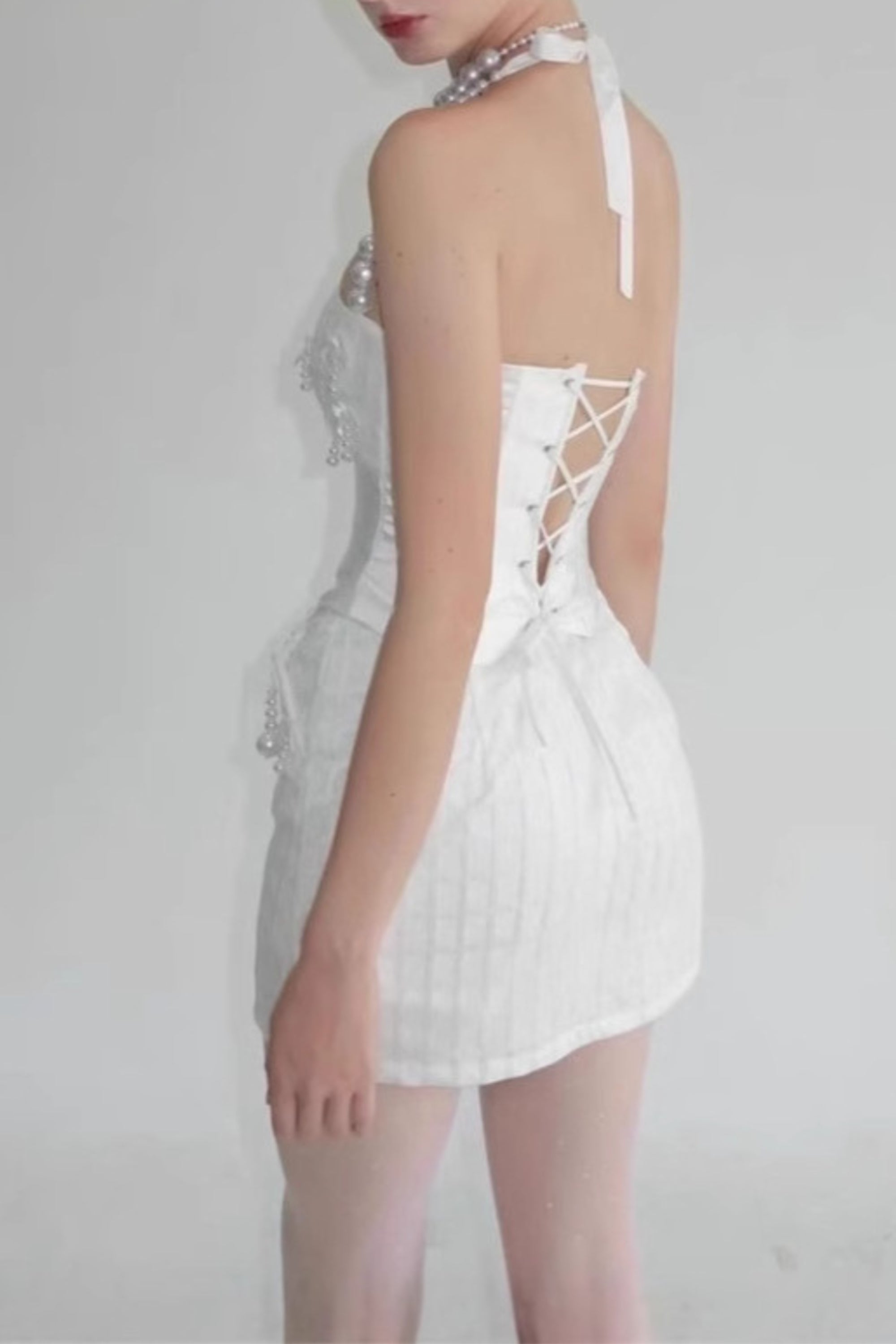 Flowering Girl Women Pearl Fishbone Wrap Top Skirt Set In White