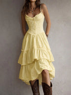 Corset-Style Lace Trim Tiered Midi Dress