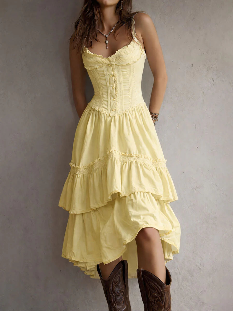 Corset-Style Lace Trim Tiered Midi Dress