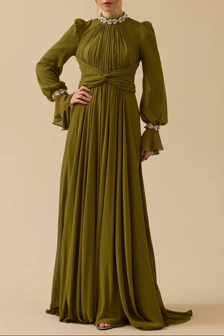 alyssa puff long sleeve pleated silk maxi dress in green