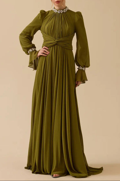 alyssa puff long sleeve pleated silk maxi dress in green