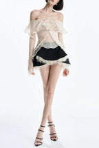 Flowering Girl Women Apricot One-Shoulder Tube Top With Backless Ruffled Mesh Skirt Set