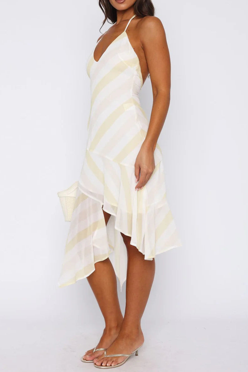Flowering Girl Women Backless Citrus Stripe Midi Dress In Ivory
