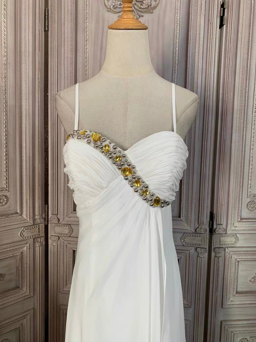 White Chiffon Beaded Empire Waist Evening Gown