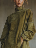 Flowering Girl Women Olive Faux Suede Turtleneck Dress With Fringe Hem